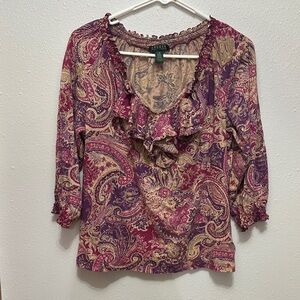 Lauren Ralph Lauren Women's Paisley Blouse - Purple and Tan sz LG